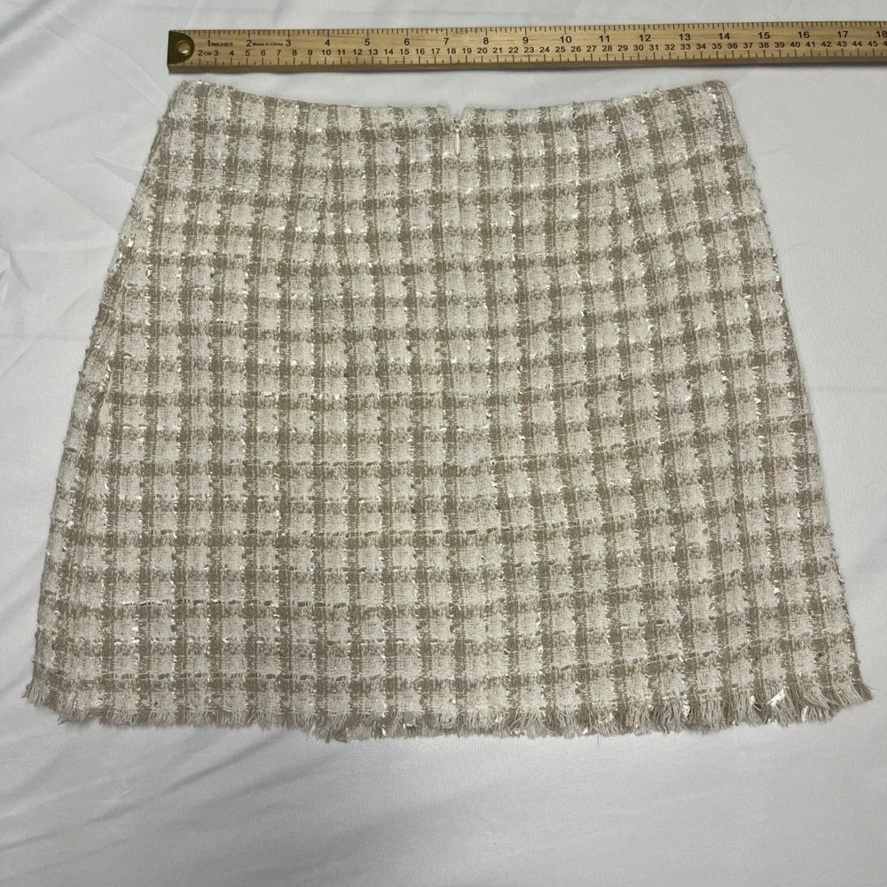 Lulus Tan Plaid Tweed Faux Wrap‎ Mini Skirt Metallic Small
